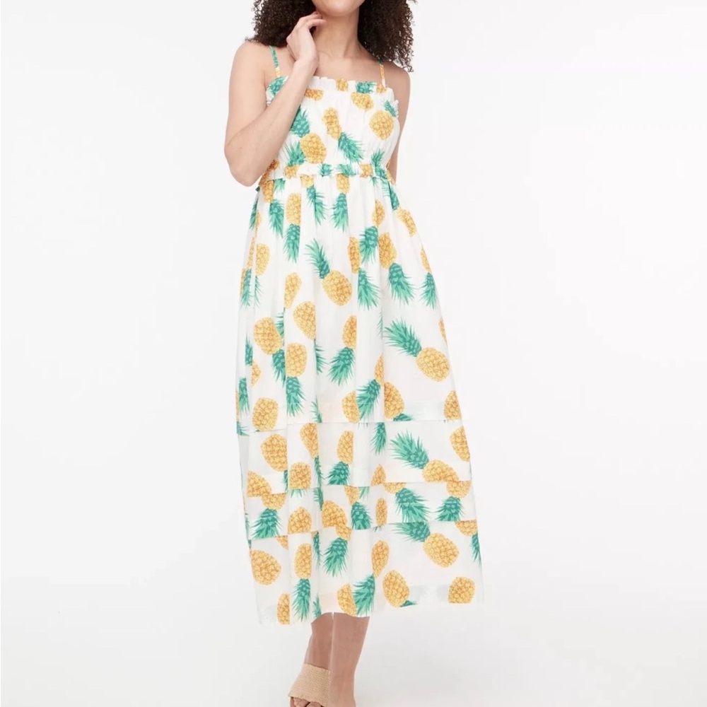 J. Crew White Maxi Dress with Yellow Pineapple Print and Green Leaves